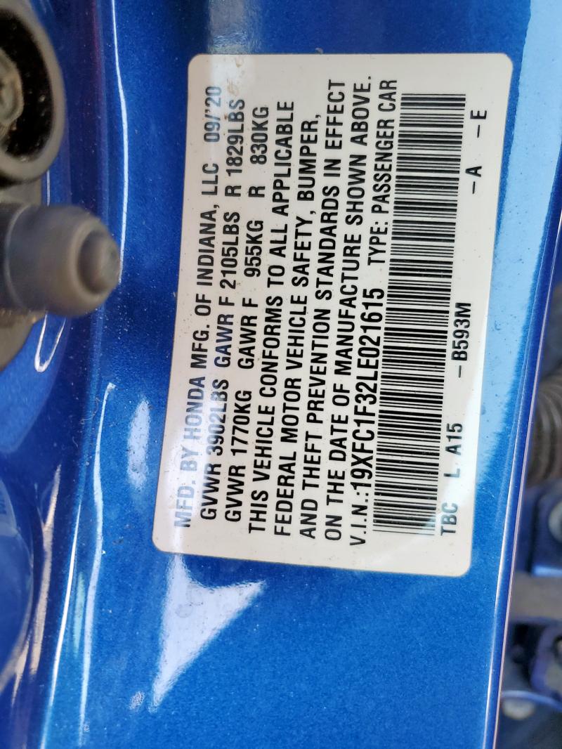 19XFC1F32LE021615 - 2020 HONDA CIVIC EX BLUE photo 13