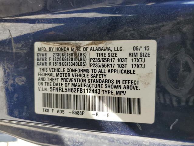 5FNRL5H62FB112443 - 2015 HONDA ODYSSEY EXL BLUE photo 13