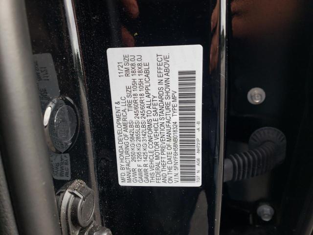 5FNYF6H58NB018324 - 2022 HONDA PILOT EXL BLACK photo 12