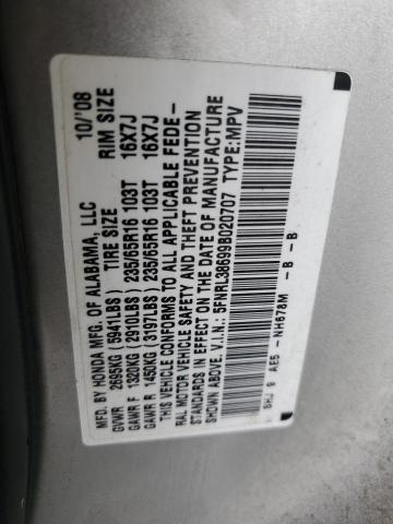 5FNRL38699B020707 - 2009 HONDA ODYSSEY EXL SILVER photo 12