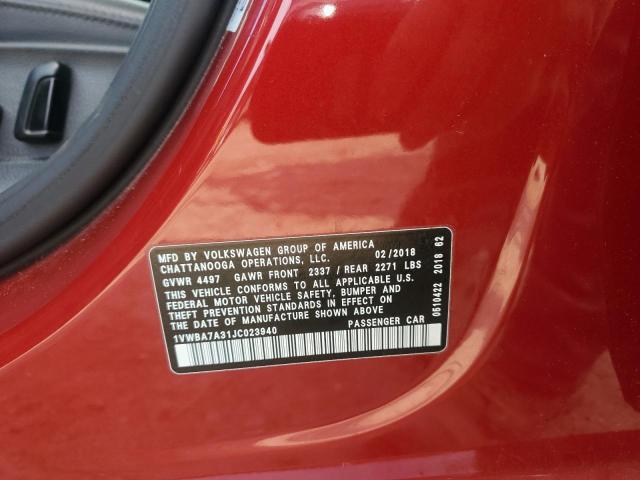 1VWBA7A31JC023940 - 2018 VOLKSWAGEN PASSAT SE BURGUNDY photo 12