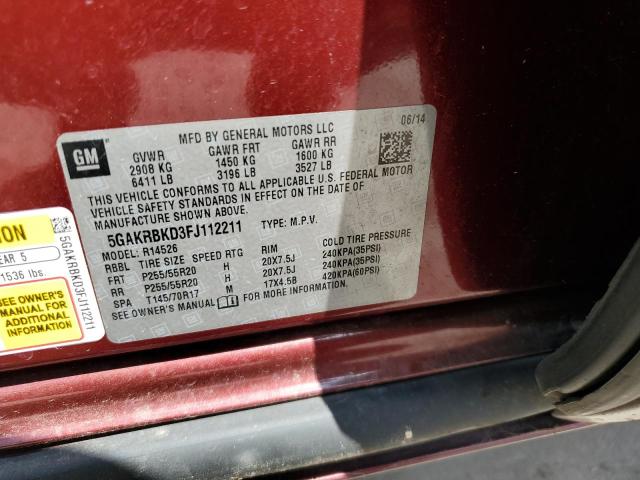 5GAKRBKD3FJ112211 - 2015 BUICK ENCLAVE RED photo 12