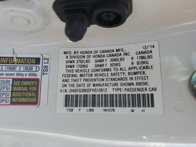 2HGFG3B02FH510912 - 2015 HONDA CIVIC EXL WHITE photo 12