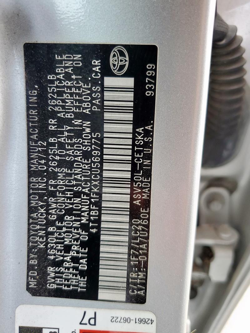 4T1BF1FKXCU569775 - 2012 TOYOTA CAMRY BASE SILVER photo 13