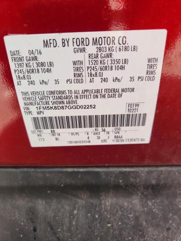 1FM5K8D87GGD02252 - 2016 FORD EXPLORER XLT Қызыл фото 14