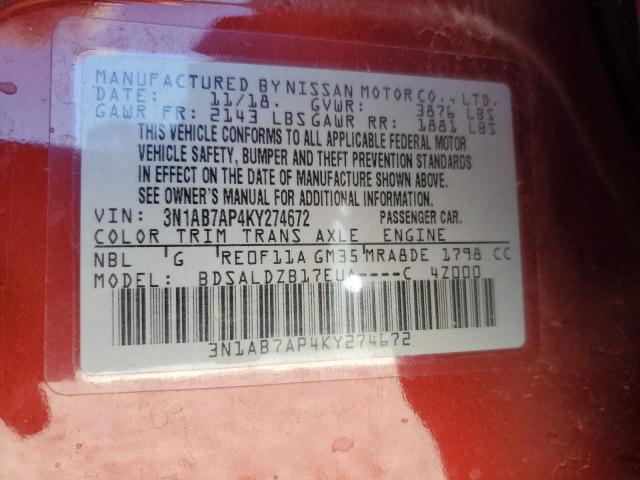 3N1AB7AP4KY274672 - 2019 NISSAN SENTRA S RED photo 13