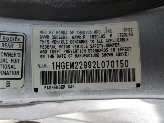 1HGEM22992L070150 - 2002 HONDA CIVIC EX SILVER photo 12