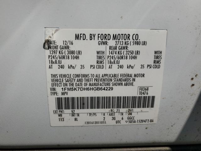 1FM5K7DH6HGB64229 - 2017 FORD EXPLORER XLT WHITE photo 13