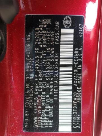 4T1C11AK6LU378803 - 2020 TOYOTA CAMRY LE BURGUNDY photo 12