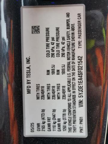 5YJ3E1EA4SF021542 - 2025 TESLA MODEL 3 GRAY photo 13