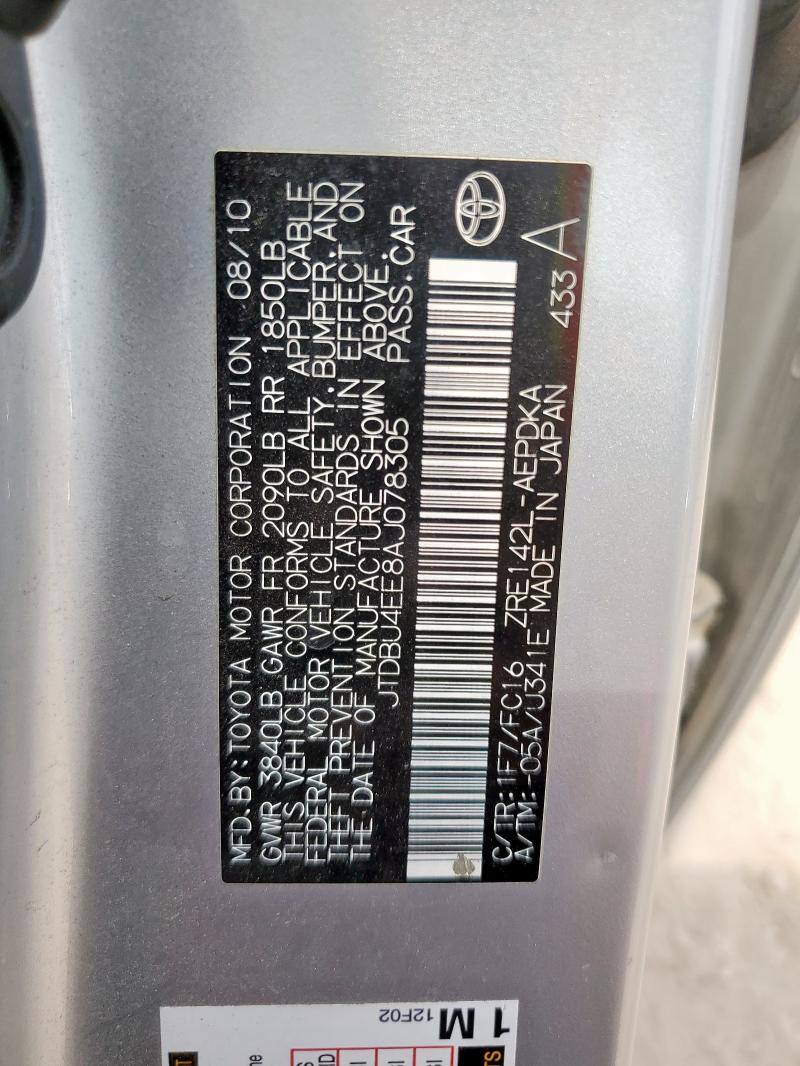 JTDBU4EE8AJ078305 - 2010 TOYOTA COROLLA BASE SILVER photo 12