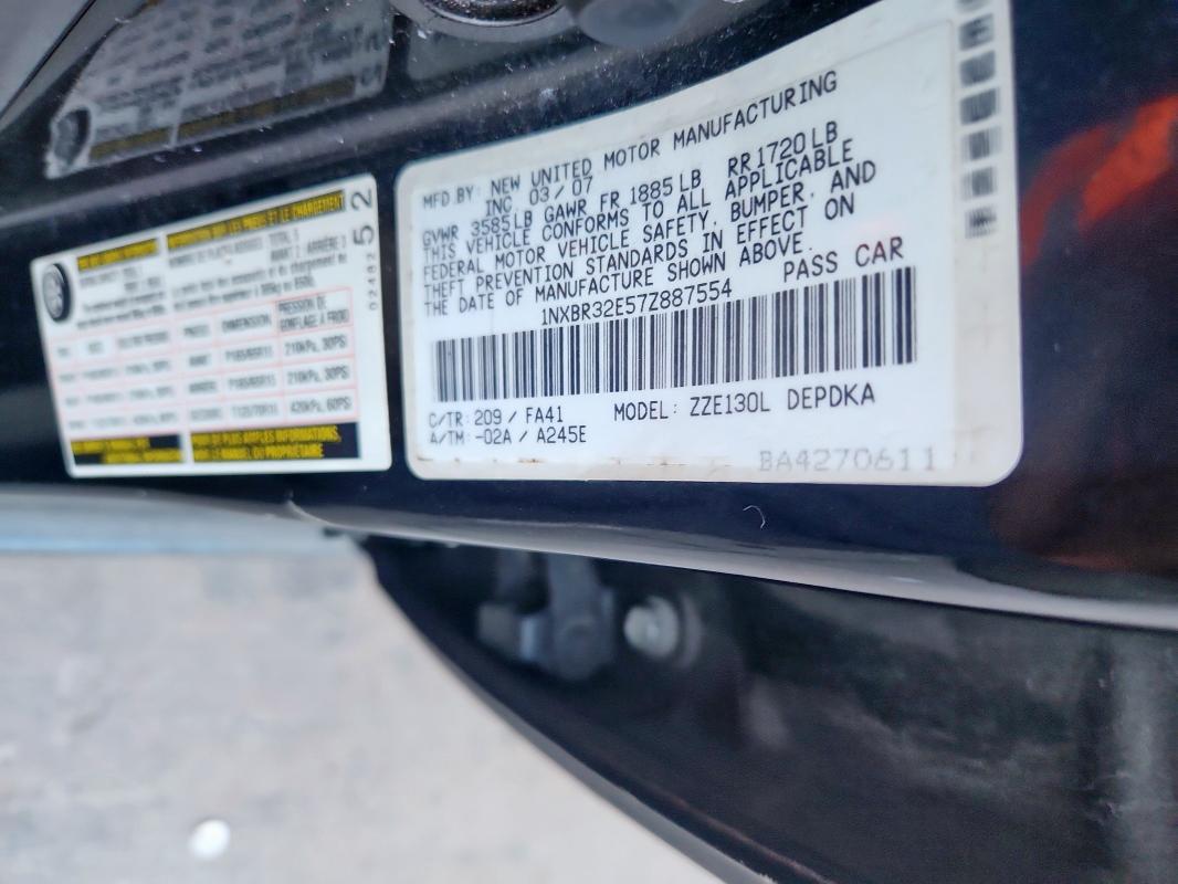 1NXBR32E57Z887554 - 2007 TOYOTA COROLLA CE Negro foto 12