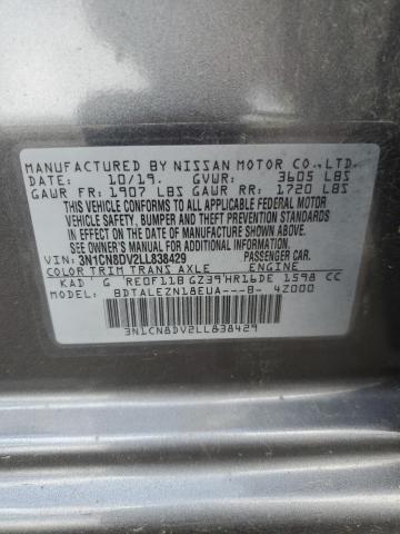 3N1CN8DV2LL838429 - 2020 NISSAN VERSA S GRAY photo 12