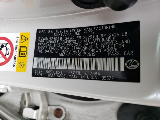 58ABZ1B16KU013619 - 2019 LEXUS ES 350 WHITE photo 13