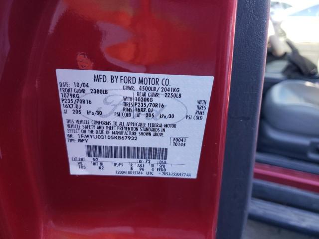 1FMYU03105KB67932 - 2005 FORD ESCAPE XLT RED photo 12