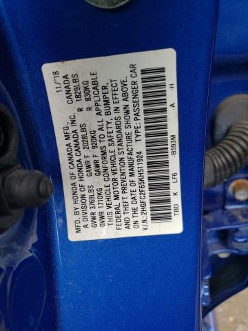 2HGFC2F65KH511924 - 2019 HONDA CIVIC LX BLUE photo 12