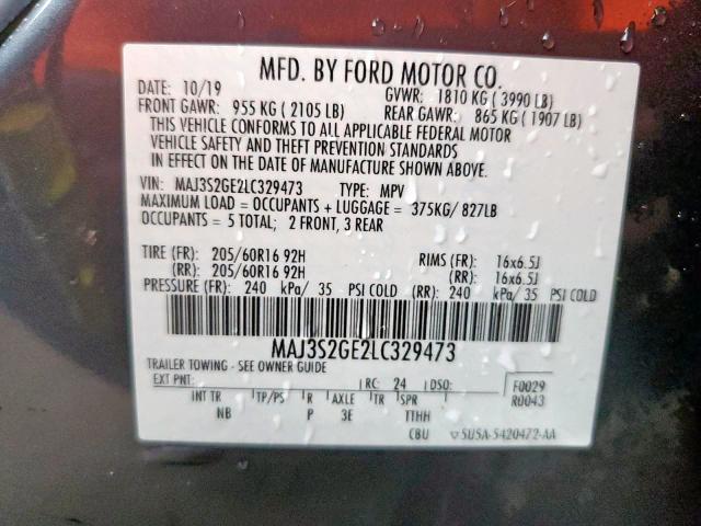 MAJ3S2GE2LC329473 - 2020 FORD ECOSPORT SE GRAY photo 10