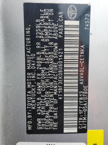 4T1BF3EK0BU601421 - 2011 TOYOTA CAMRY BASE SILVER photo 12