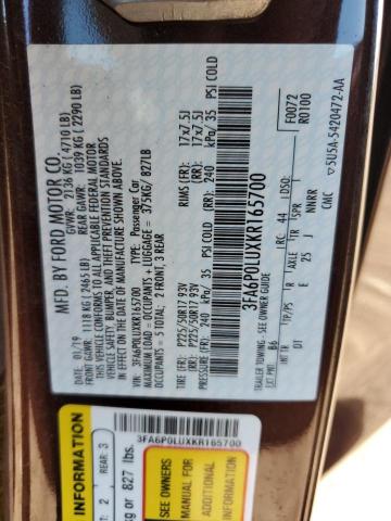 3FA6P0LUXKR165700 - 2019 FORD FUSION SE 栗色 照片 12