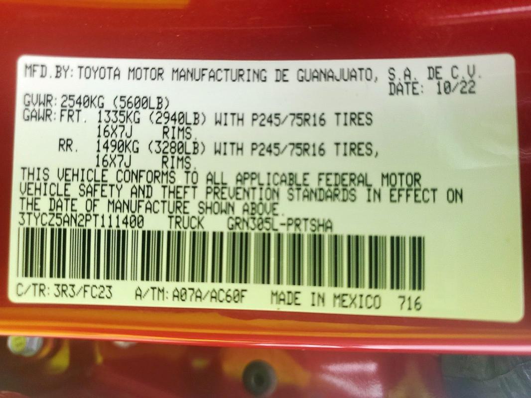 3TYCZ5AN2PT111400 - 2023 TOYOTA TACOMA DOUBLE CAB წითელი ფოტო 12
