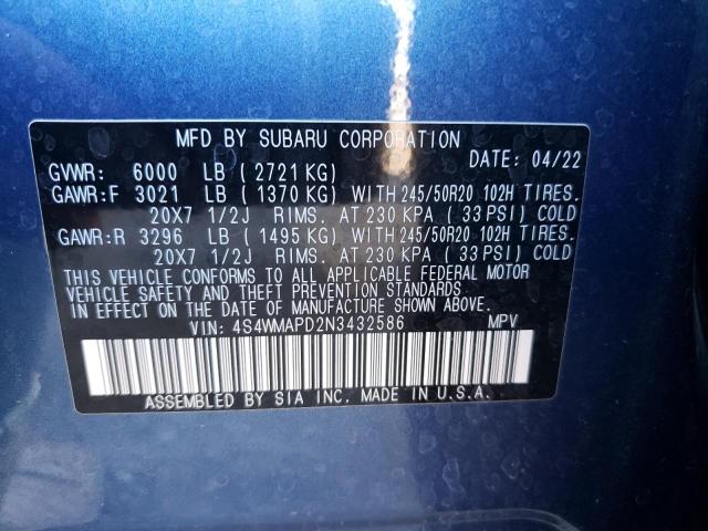 4S4WMAPD2N3432586 - 2022 SUBARU ASCENT LIMITED BLUE photo 14