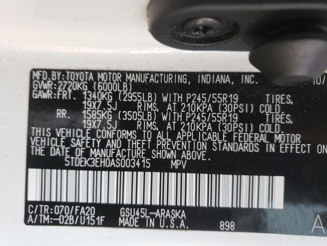 5TDEK3EH0AS003415 - 2010 TOYOTA HIGHLANDER SPORT WHITE photo 13