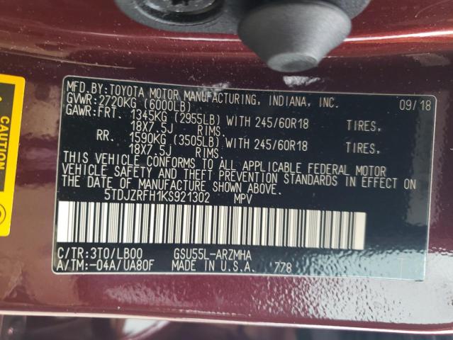 5TDJZRFH1KS921302 - 2019 TOYOTA HIGHLANDER SE MAROON photo 13