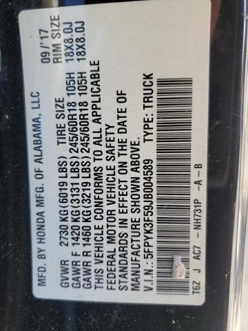 5FPYK3F59JB004589 - 2018 HONDA RIDGELINE RTL Noir photo 12