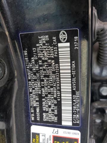 4T4BF1FKXDR331299 - 2013 TOYOTA CAMRY L BLACK photo 12