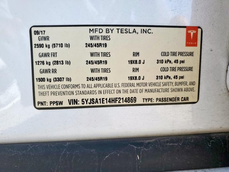 5YJSA1E14HF214869 - 2017 TESLA MODEL S WHITE photo 13