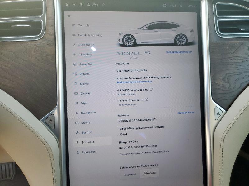 5YJSA1E14HF214869 - 2017 TESLA MODEL S WHITE photo 9