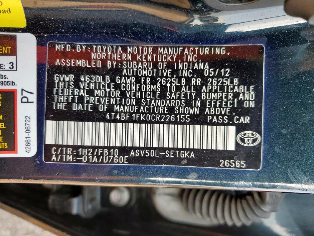 4T4BF1FK0CR226155 - 2012 TOYOTA CAMRY BASE BLACK photo 13