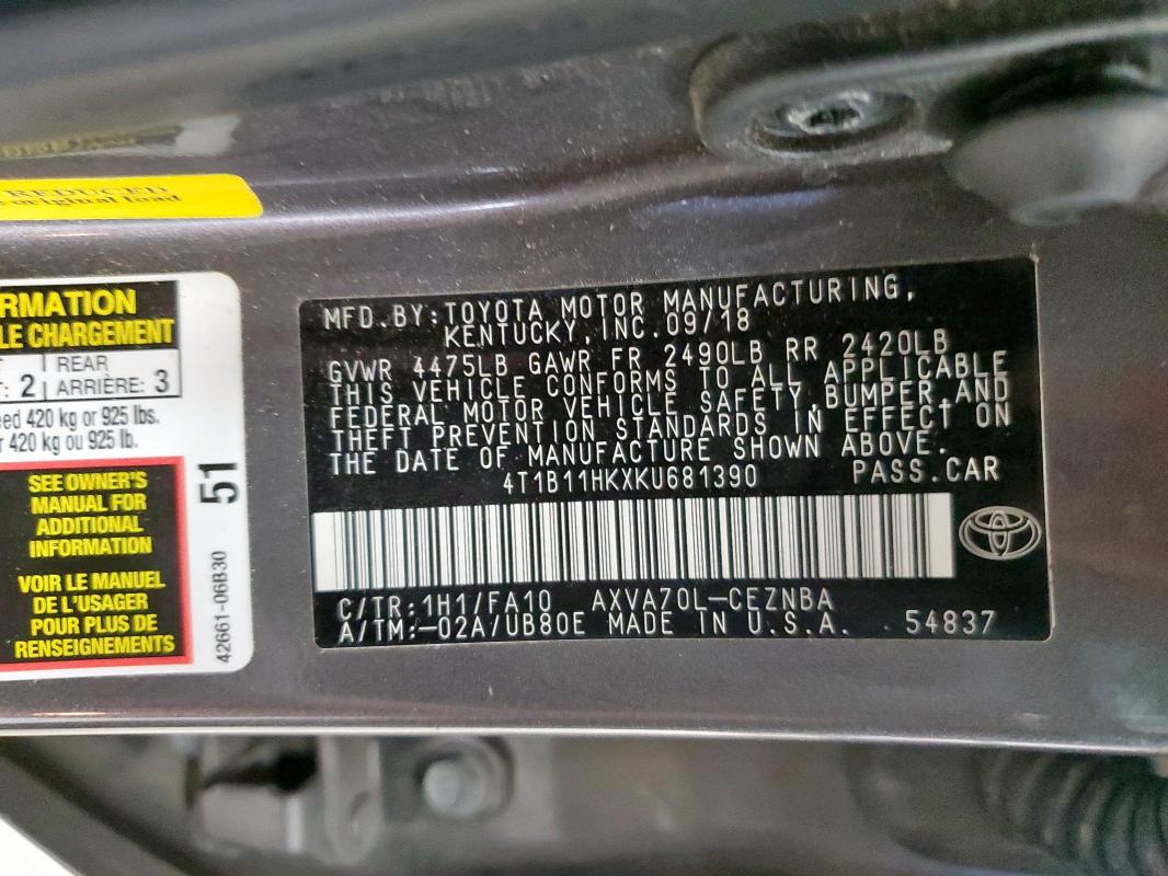 4T1B11HKXKU681390 - 2019 TOYOTA CAMRY L GRAY photo 12