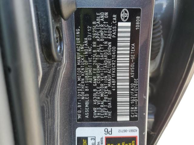 4T4BF1FK6CR210400 - 2012 TOYOTA CAMRY BASE 灰色 照片 12