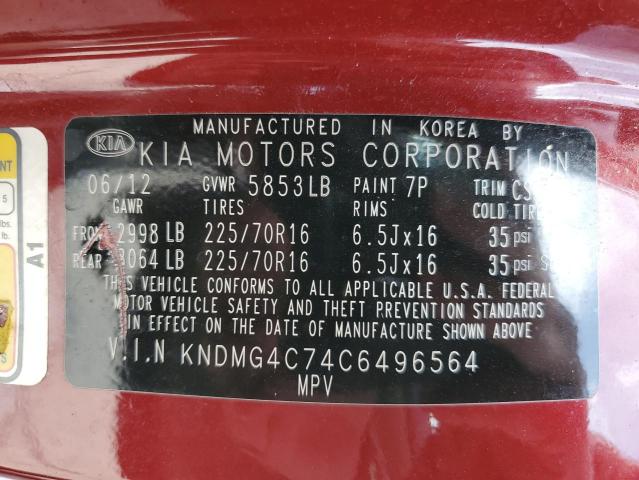 KNDMG4C74C6496564 - 2012 KIA SEDONA LX RED photo 14