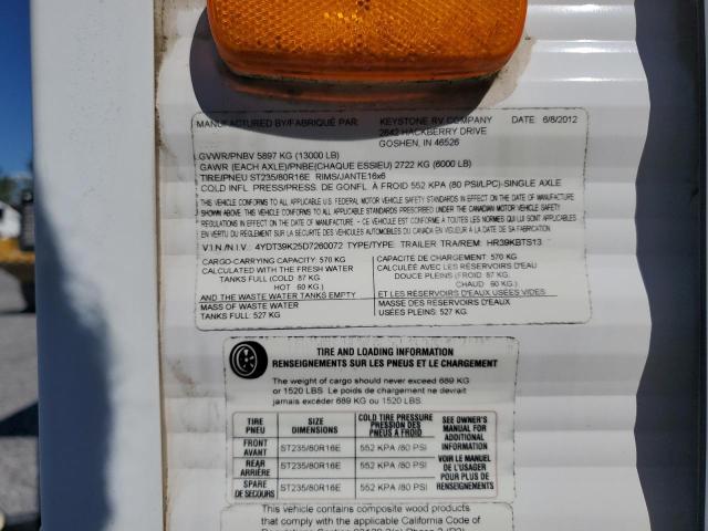 4YDT39K25D7260072 - 2013 KEYSTONE TRAILER თეთრი ფოტო 10