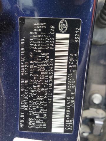 4T1C11AK3MU524334 - 2021 TOYOTA CAMRY LE BLUE photo 12