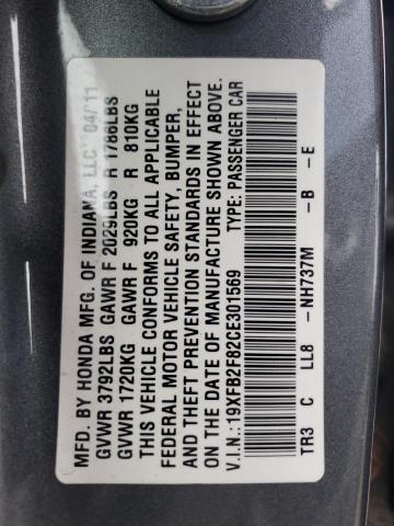 19XFB2F82CE301569 - 2012 HONDA CIVIC EX GRAY photo 13