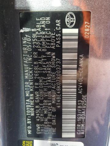 4T4BE46K07R003737 - 2007 TOYOTA CAMRY CE ნაცრისფერი ფოტო 12