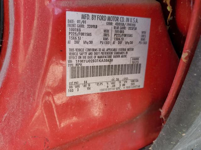 1FMYU02B31KA58630 - 2001 FORD ESCAPE XLS 红色 照片 12