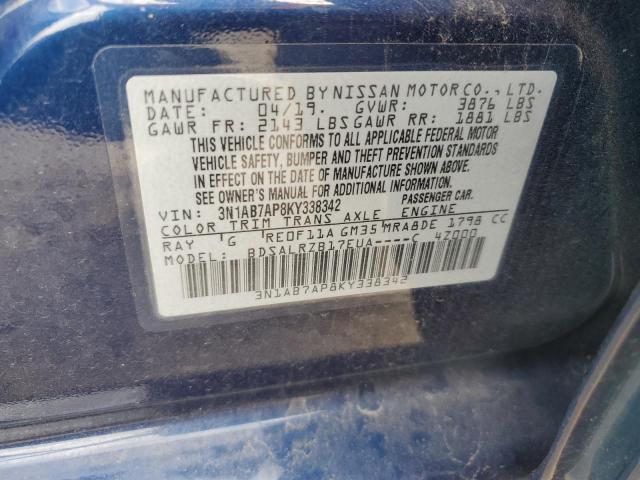 3N1AB7AP8KY338342 - 2019 NISSAN SENTRA S BLUE photo 12