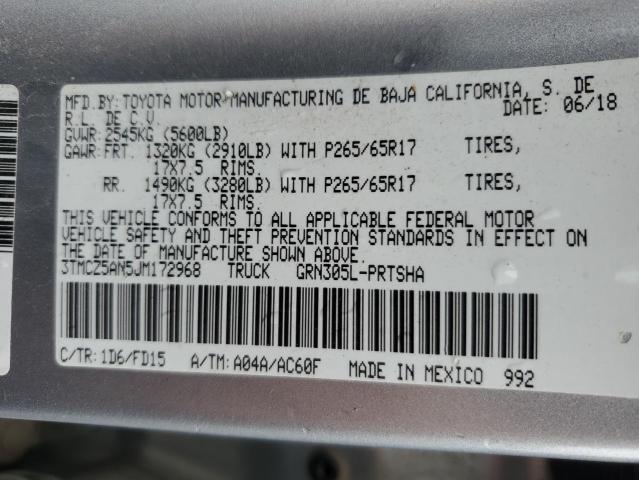 3TMCZ5AN5JM172968 - 2018 TOYOTA TACOMA DOUBLE CAB ვერცხლისფერი ფოტო 13