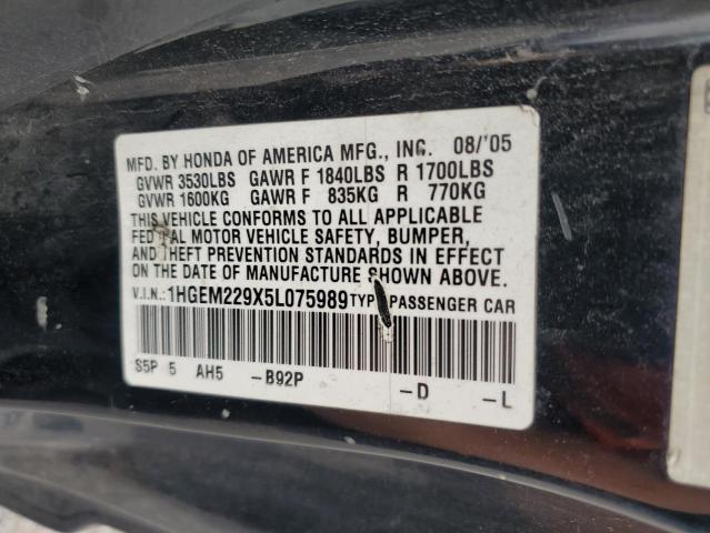 1HGEM229X5L075989 - 2005 HONDA CIVIC EX BLACK photo 12