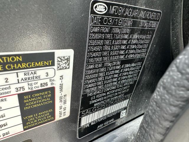 SALGS2SV2KA555776 - 2019 LAND ROVER RANGE ROVE HSE BLACK photo 10