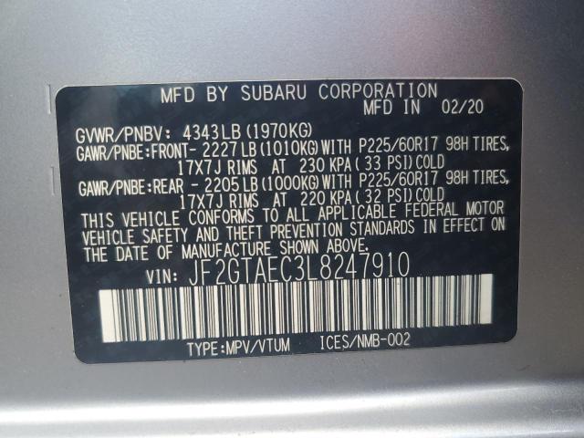 JF2GTAEC3L8247910 - 2020 SUBARU CROSSTREK PREMIUM ნაცრისფერი ფოტო 12