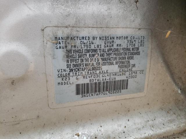 3N1CN7AP7GL905225 - 2016 NISSAN VERSA S SILVER photo 12