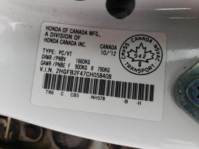 2HGFB2F47CH058408 - 2012 HONDA CIVIC LX WHITE photo 13