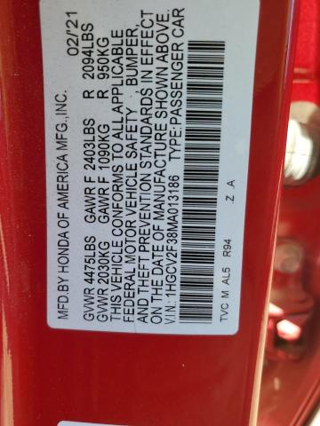 1HGCV2F38MA013186 - 2021 HONDA ACCORD SPORT RED photo 12