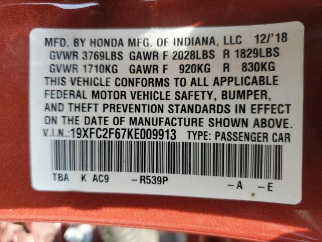 19XFC2F67KE009913 - 2019 HONDA CIVIC LX RED photo 12