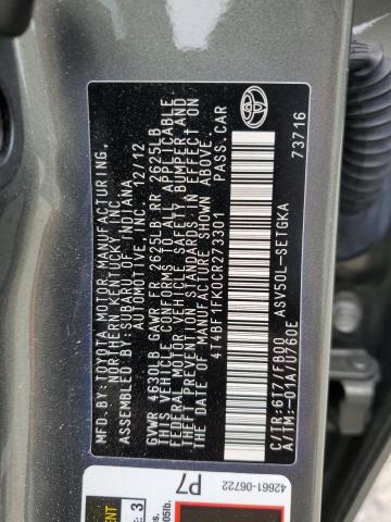 4T4BF1FK0CR273301 - 2012 TOYOTA CAMRY BASE Сірий фото 13